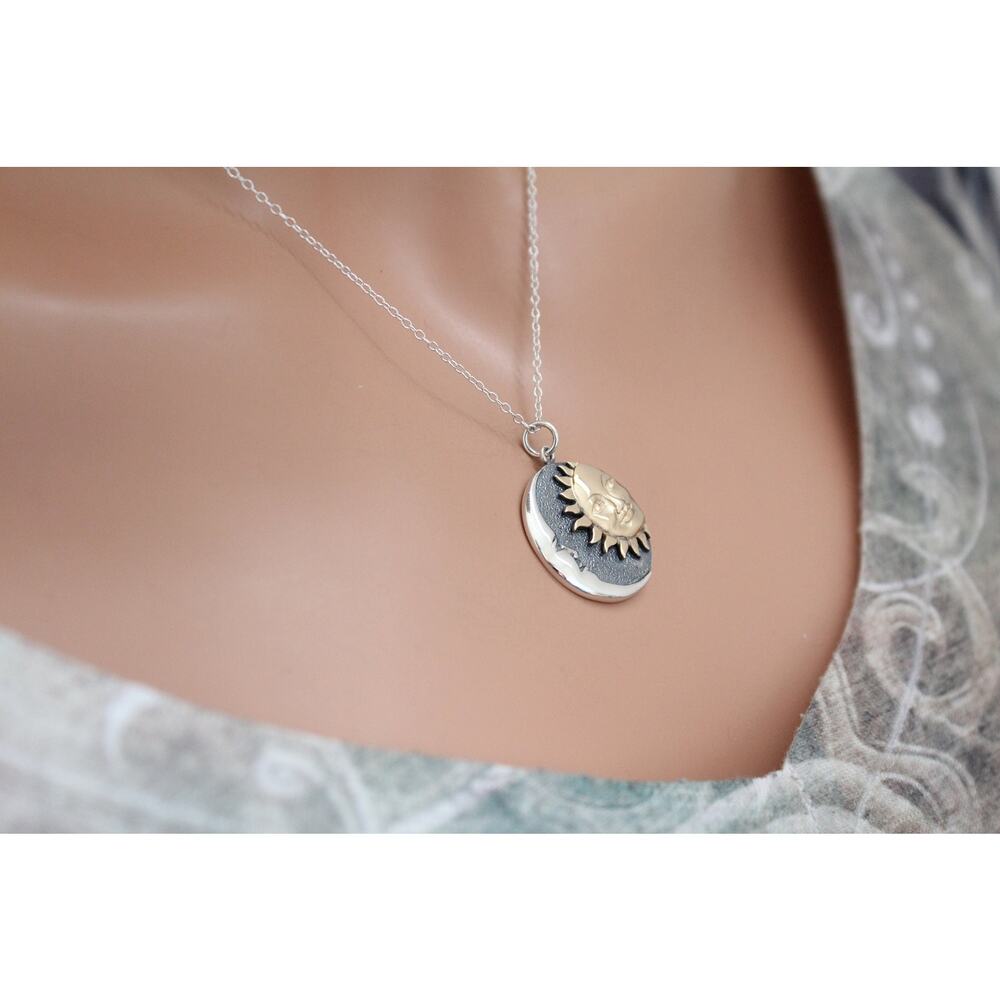 Mixed Metal Sun And Moon Pendant Necklace, Mixed … - image 3